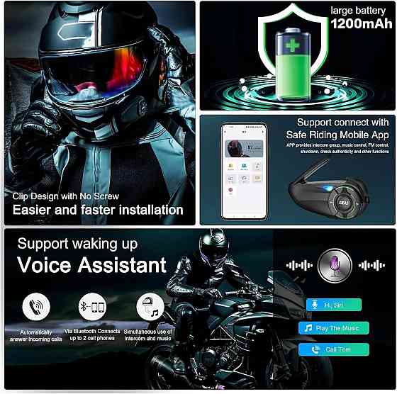 Bluetooth інтерком EJEAS Q8 з Mesh 3.0, CVC шумозаглушенням, FM, IP67, 1200 мАг акумулятор, мотогарн Київ