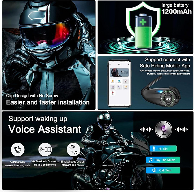 Bluetooth інтерком EJEAS Q8 з Mesh 3.0, CVC шумозаглушенням, FM, IP67, 1200 мАг акумулятор, мотогарн Київ - фото 6