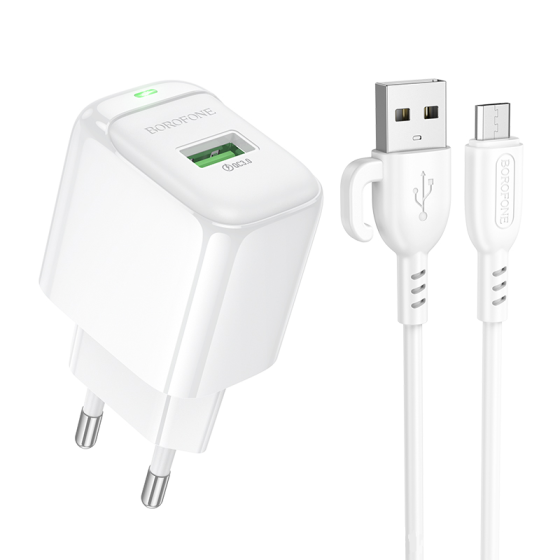 Мережевий зарядний пристрій з кабелем BOROFONE BAS42A Potential single-port QC3.0 charger set(Micro)(EU) White Одеса