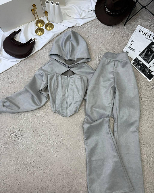 Женский стильный костюм тройка: кофта, корсет и лосины замш на дайвинге Серый, 42/44 Одесса - изображение 9