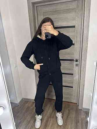 Женский утепленный костюм двойка: кофта и штаны трехнитка на флисе + мех Черный, 42/44 Одесса