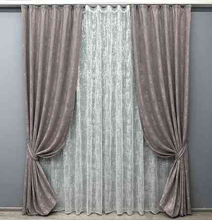 Комплект штор VR-Textil Жаккард Мрамор 150х270 2шт и Тюль 600х270 1210ш-1400т Серо-пудровый с белым 71-007/5 Киев