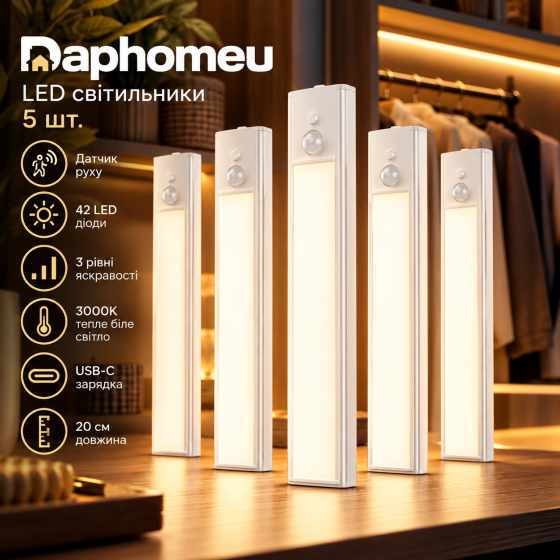 Акумуляторні світильники Daphomeu 20 см, 5 шт., LED 42 діоди, 3000K, 3 рівні яскравості, датчик руху, USB-C Київ