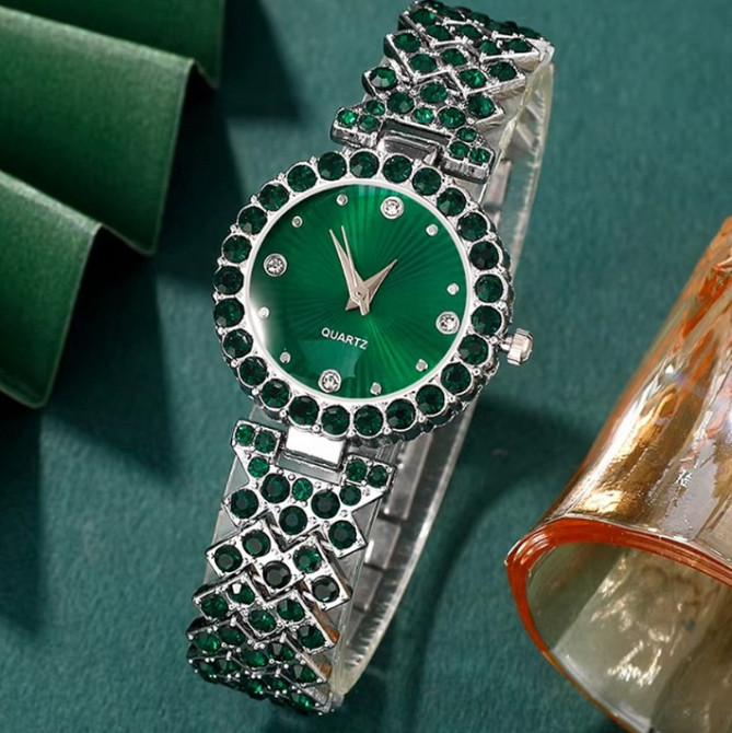 Жіночий подарунковий набір Emerald Shine годинник браслет кольє сережки каблучка зелений Київ - фото 3