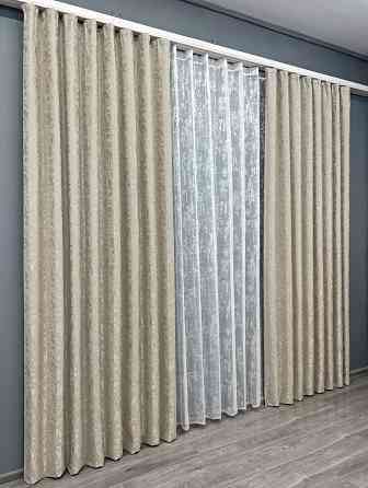 Комплект штор VR-Textil Льон Мармур 150х270 2шт і Тюль 400х270 1272ш-1400т Теплий бежевий з білим 71-135/3 Київ