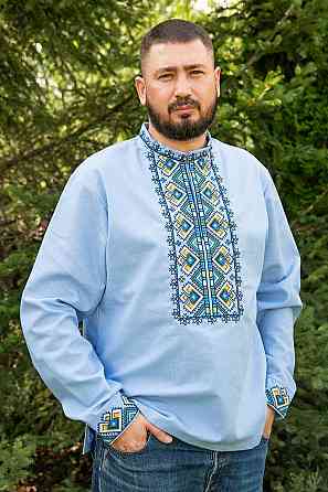 Вишиванка сорочка чоловіча лляна, блакитна, льон, вишиванки чоловічі в Україні Юра-Ром Одяг Київ