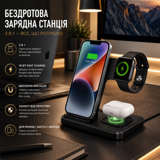 Бездротова зарядна станція 3 в 1 CAVN для Apple iPhone, Apple Watch, AirPods, швидка зарядка 18 Вт, чорна Київ