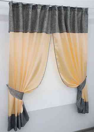 Кухонные шторы VR-Textil № 073к с ламбрекеном и подхватами персиковый с серым 265х170 см (52-0193) Киев