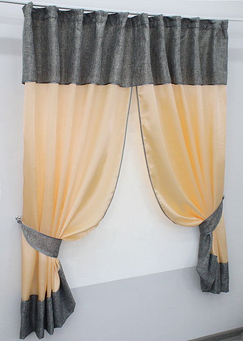 Кухонные шторы VR-Textil № 073к с ламбрекеном и подхватами персиковый с серым 265х170 см (52-0193) Киев - изображение 2