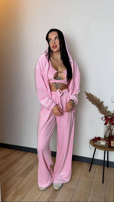 Жіночий стильний костюм-трійка: кофта топ і штани велюр плюш Рожевий, 44/46 Одеса - фото 7