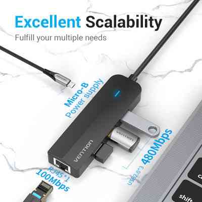 Концентратор Vention USB 3.1 Type-C to 3xUSB 2.0+MicroUSB+RJ45 100M Ethernet black (TGOBB) Винница