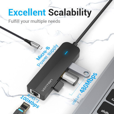 Концентратор Vention USB 3.1 Type-C to 3xUSB 2.0+MicroUSB+RJ45 100M Ethernet black (TGOBB) Винница - изображение 3