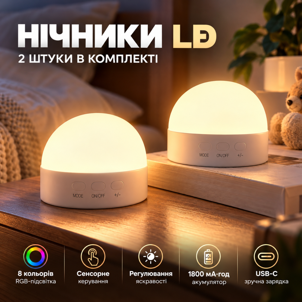 Нічники Kintion CL-XY11 LED RGB, 8 кольорів, сенсорні, акумулятор 1800 мА·год, USB-C, регулювання яскравості, 2 шт Київ - фото 1