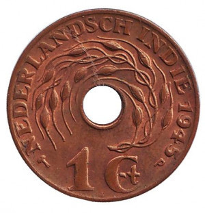 Монета 1 цент. 1945 рік, Нідерландська Індія. З обігу. ("P" - Філадельфія) Полтава - фото 1