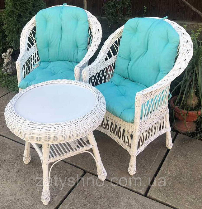 Белая плетеная мебель с накидками голубым|Мебель из лозы белая |мебель плетеная на балкон Киев - изображение 1