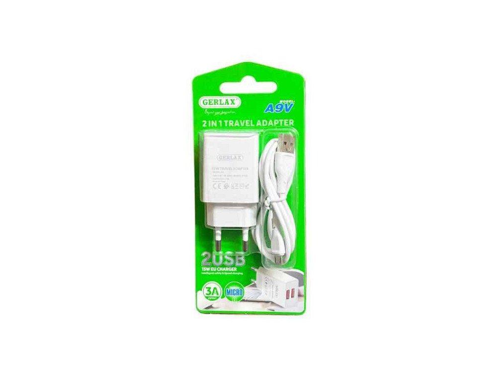 Мережевий зарядний пристрій microUSB A9V 3A-2USB 15w біле 1м блістер ТМ Gerlax Київ - фото 1