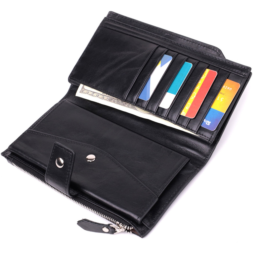 Вертикальний стильний гаманець із гладкої натуральної шкіри Чорний (Vintage) Київ - фото 1