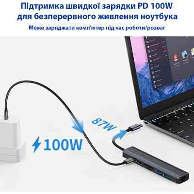 Концентратор Dynamode 7-in-1 USB-C to HDTV 4K/30Hz, 2хUSB3.0, RJ45, USB-C PD 100W, SD/MicroSD (BYL-2303) Вінниця