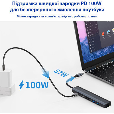 Концентратор Dynamode 7-in-1 USB-C to HDTV 4K/30Hz, 2хUSB3.0, RJ45, USB-C PD 100W, SD/MicroSD (BYL-2303) Вінниця - фото 3