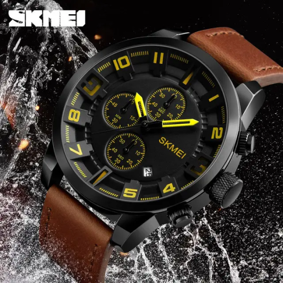Чоловічий наручний класичний годинник Skmei 1309 (Коричневий з жовтими стрілками) Київ