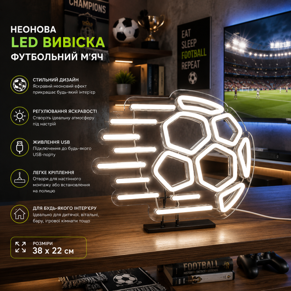 Неонова LED вивіска Футбольний м'яч 38×22 см USB, регулювання яскравості, настінний світильник, пошкоджена коробка Київ - фото 8