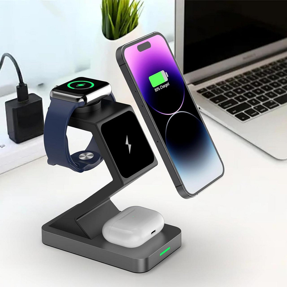 Магнитная беспроводная зарядка 3в1 JIANUO, 15W, MagSafe для iPhone, AirPods, Apple Watch, адаптер в комплекте, Киев - изображение 3