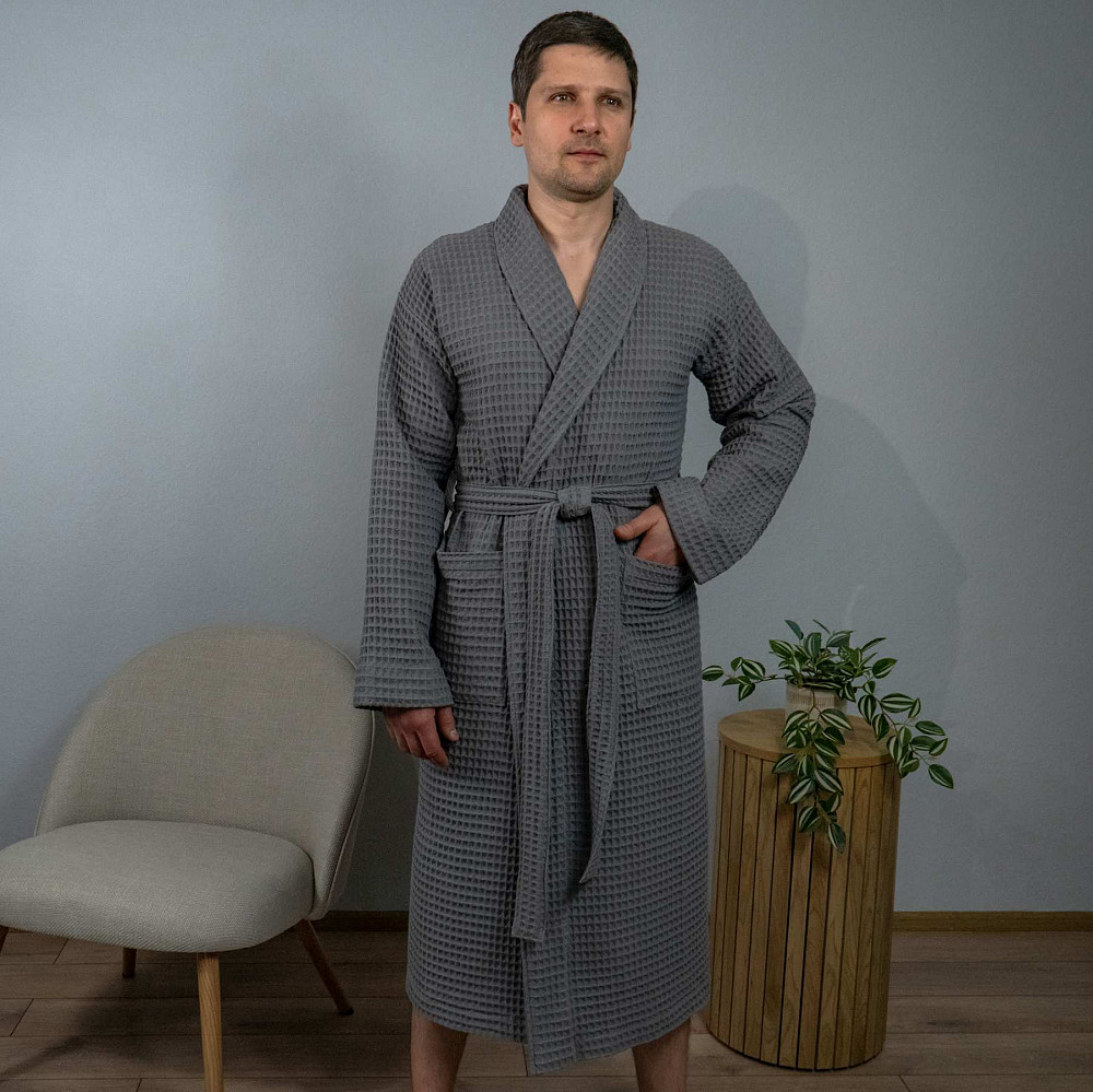 Вафельний халат чоловічий з коміром, довгим рукавом YouStar 100% бавовна 380 г/м2 (Сірий) M Суми - фото 1
