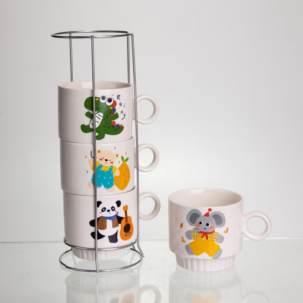 Yiwu Набір порцелянових чашок для дітей на металевій підставці Animals 4 (шт) по 300 (мл) подар Коломия - фото 3