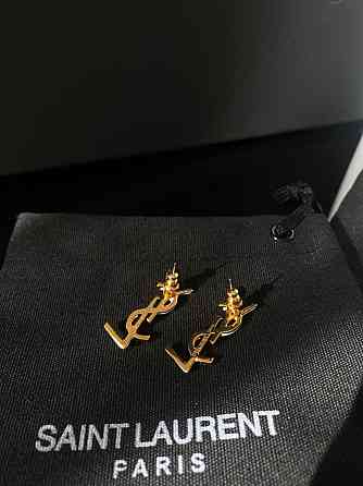 Брендовые серьги гвоздики Saint Laurent, позолота и белая эмаль Одесса