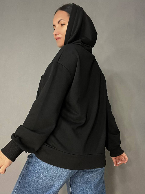 Худи женское Joggy 8072 оверсайз с капюшоном удлиненное с карманами и молнией черное, черный, S Киев - изображение 6