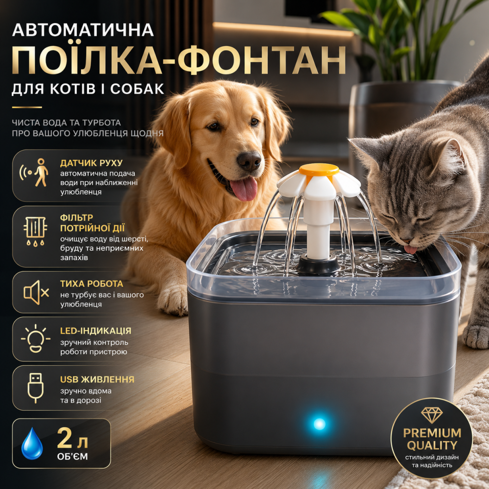 Автоматическая поилка-фонтан для кошек и собак 2 л USB с датчиком движения, фильтром и LED-индикацией, автопоилка, серая Киев - изображение 7