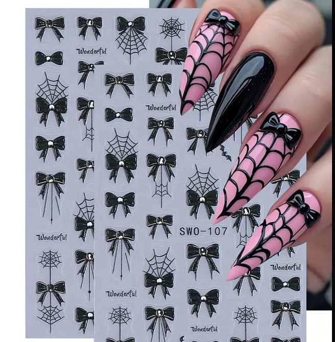 Наклейки для нігтів чорні бантики та павутинка 3D — 1 лист Київ - фото 1