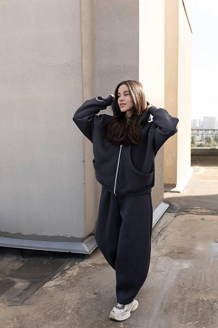 Женский теплый костюм двойка свободного кроя на каждый день турецкая трехнитка на флисе Графит Одесса - изображение 3