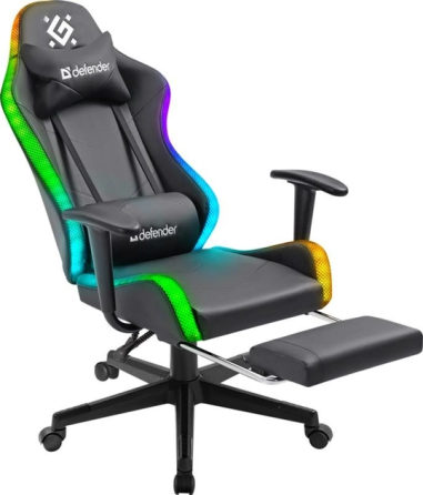 Геймерське крісло Defender Watcher поліуританове з RGB підсвічуванням та підніжкою (Чорне) Вінниця