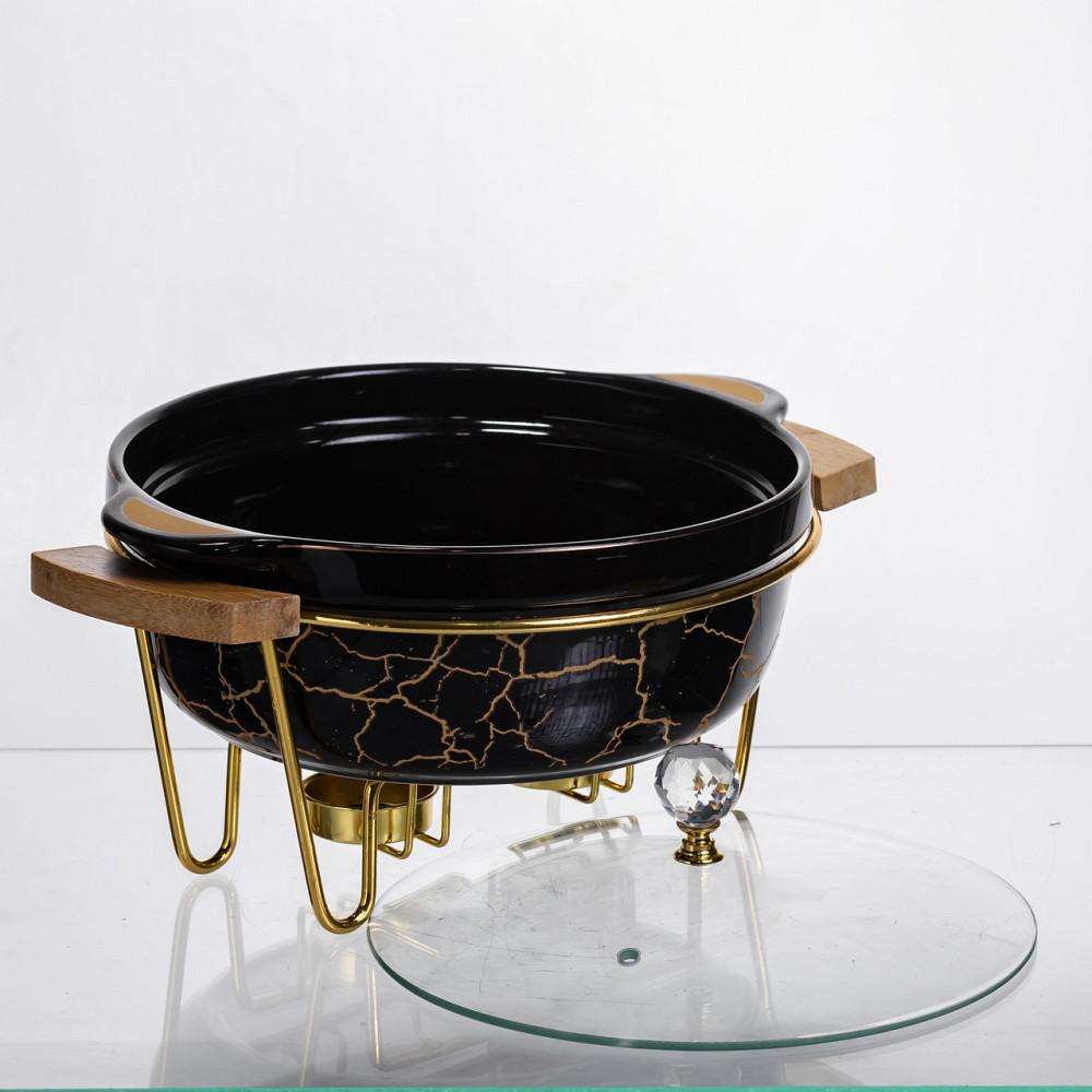 Yiwu Марміт порцеляновий настільний круглий 1.3 (л) мармітниця з підігрівом Чорний мармур LC-71 Коломия - фото 3