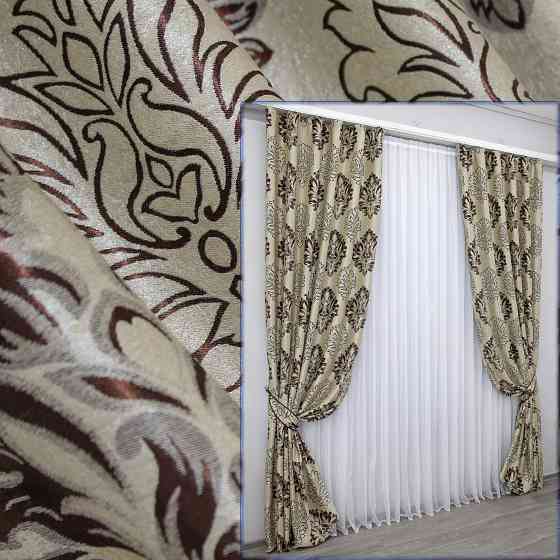 Комплект готовых штор VR-Textil Блэкаут-софт Корона № 1274ш(Б) Бежевый с коричневым 100х270 см 2шт (31-602) Киев