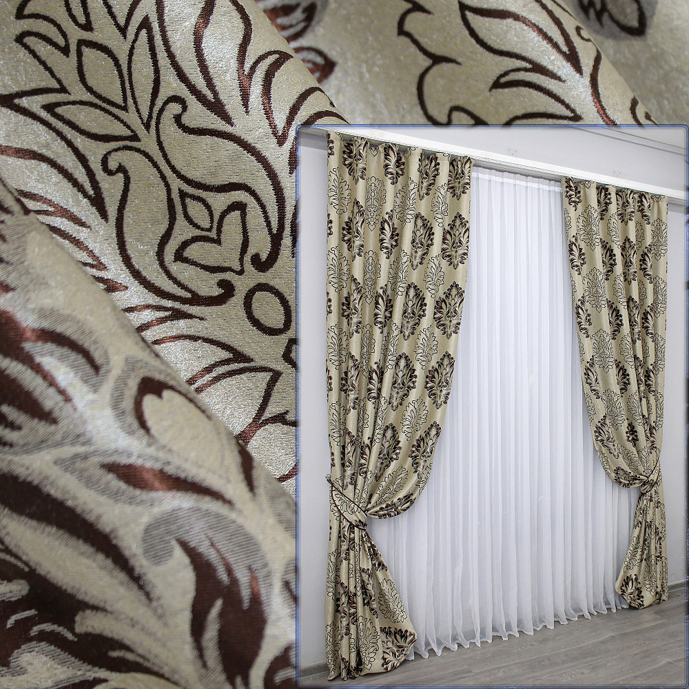 Комплект готовых штор VR-Textil Блэкаут-софт Корона № 1274ш(Б) Бежевый с коричневым 100х270 см 2шт (31-602) Киев - изображение 1