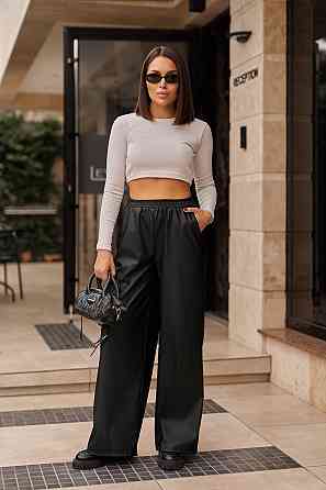 Жіночі широкі шкіряні штани демісезонні "Step" | Норма і батал Чорний, 46-48 Київ