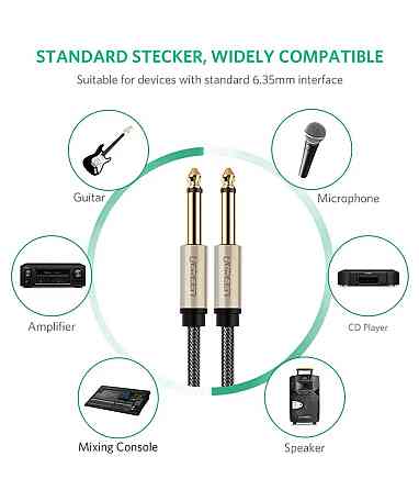 Аудіо кабель UGREEN AV128 6.5mm  Male to Male Audio Cable Gray 2m(UGR-10638) (UGR-10638) Киев