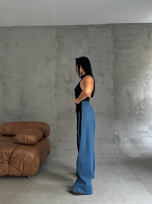 Женские стильные комбинированные брюки палаццо с лампасами плотный джинс + трехнитка петля пенье 46/48 Одесса - изображение 3