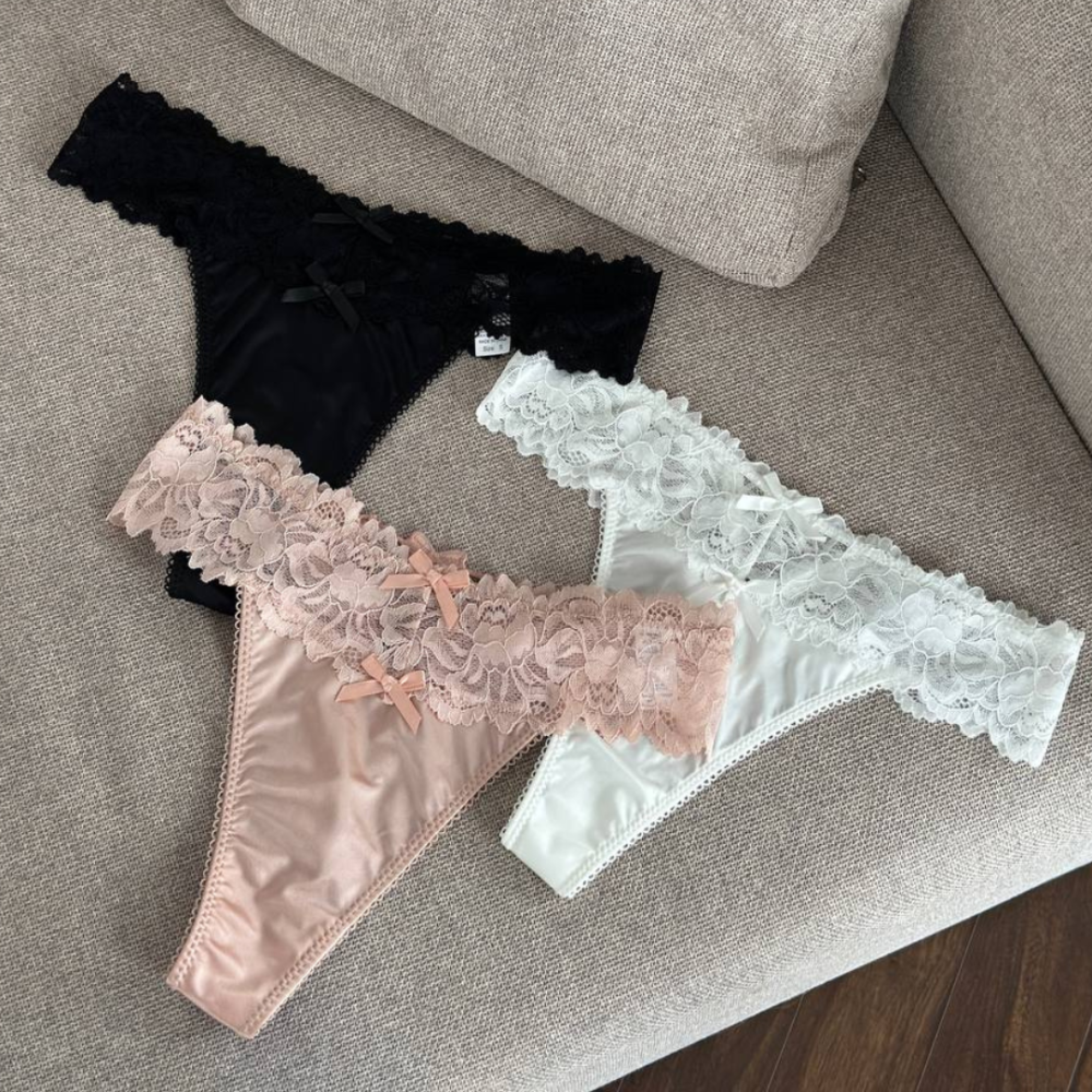 Жіночі стрінги з мереживом набір з високою посадкою комплект трусиків 3 шт атласні XL Одеса - фото 1
