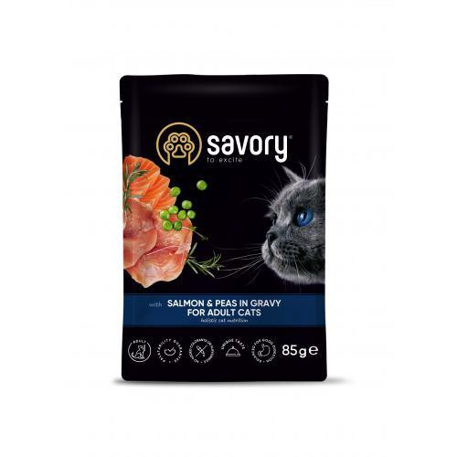 Вологий корм Savory для дорослих котів, лосось з горошком у соусі, пауч, 85 г Київ - фото 1