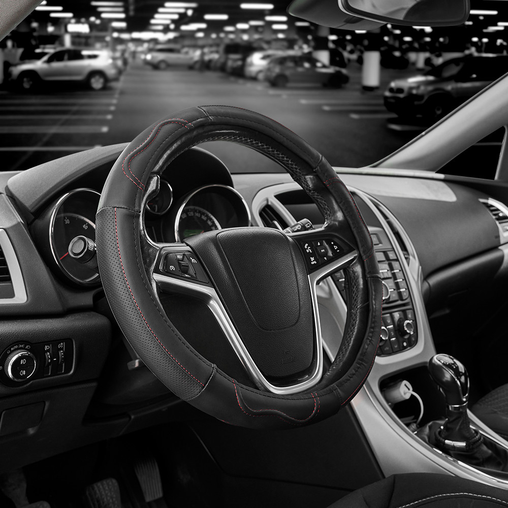 Чохол на кермо Carlife 39 - 41см, шкіра, чорний з червоною ниткою Львов - изображение 2