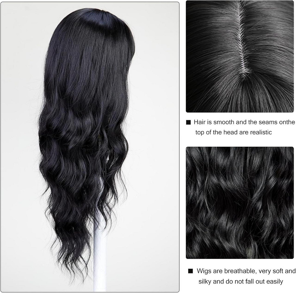 Довга чорна хвиляста жіноча перука з чубчиком UEVIES, 60 см, термостійка, синтетичне волосся 24" брюнетка Київ - фото 3