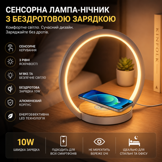 Уценка: Сенсорная настольная прикроватная лампа ночник Coolhood с беспроводной зарядкой смартфона 10W, алюминиевая, LED Киев