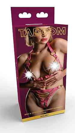 Бюстгальтер и трусики из экокожи, розовые Taboom Malibu c золотыми цепочками Sex Aura Киев