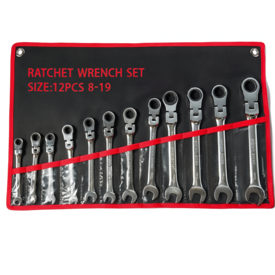 Набір рожково-накидних комбінованих ключів 12 шт, 8-19 мм, гайкові для ремонту з тріскачкою і поворотним механізмом 180° з чохлом Кам'янець-Подільський