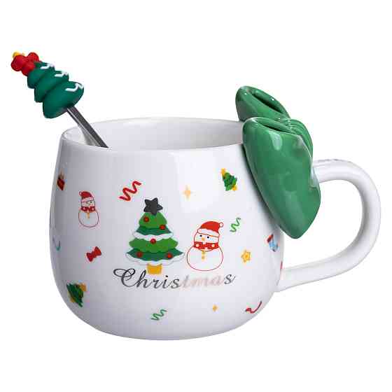 Новогодняя фарфоровая чашка с ложкой Merry Christmas 400 (мл) Зеленый FM-CS-19B FM-CS-19B SBR Киев