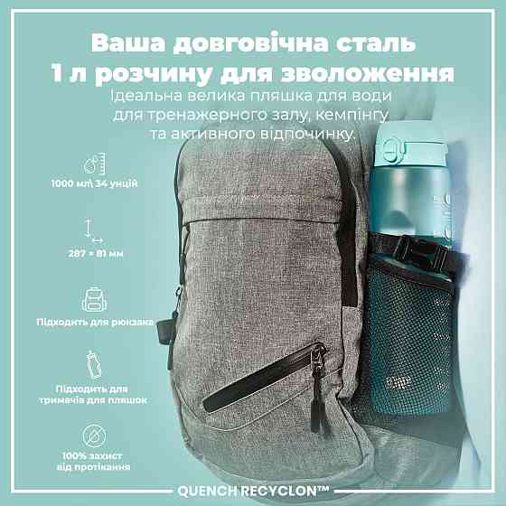 Пляшка для води ION8 1000 мл. BPA Free, Times To Drink, (ЕКО пляшка) BPA Free, Sonic Blue Кам'янське