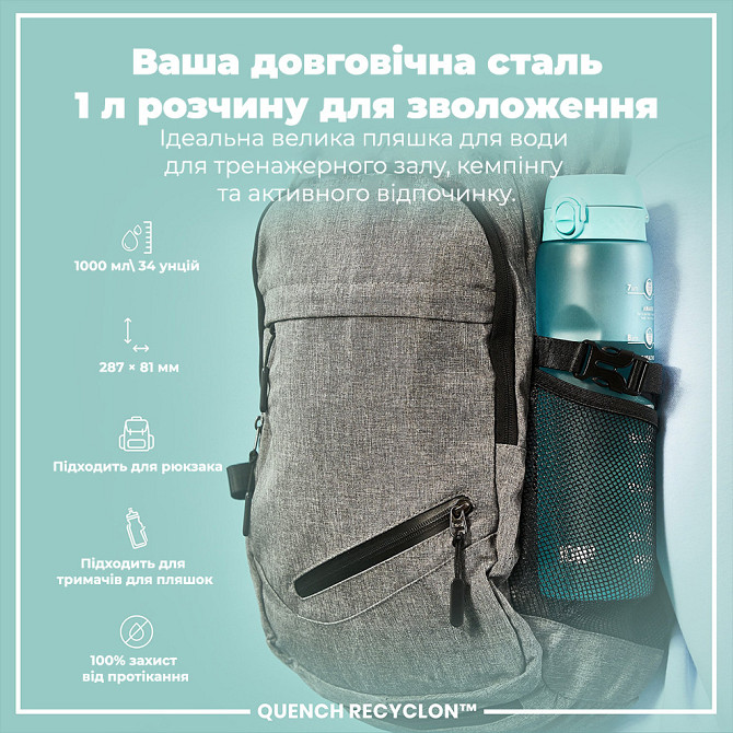 Пляшка для води ION8 1000 мл. BPA Free, Times To Drink, (ЕКО пляшка) BPA Free, Sonic Blue Каменское - изображение 5